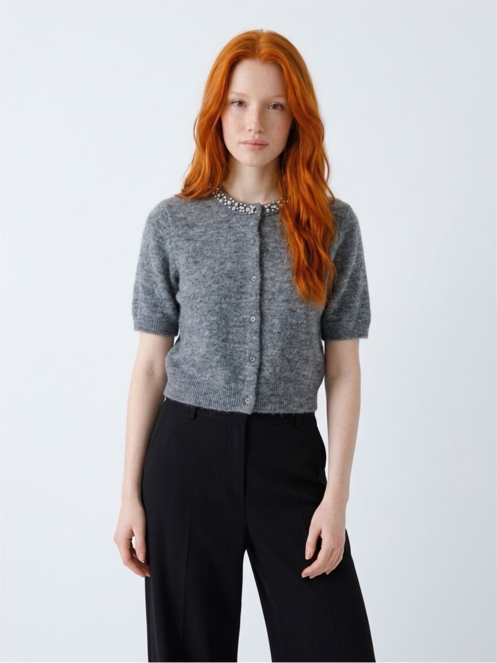 H&M Gray Short-Sleeve Cropped Cardigan with Jewel Neck